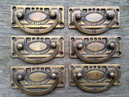 6 Arts and Crafts antique style brass handles pulls hardware 3 1/8"w #H33