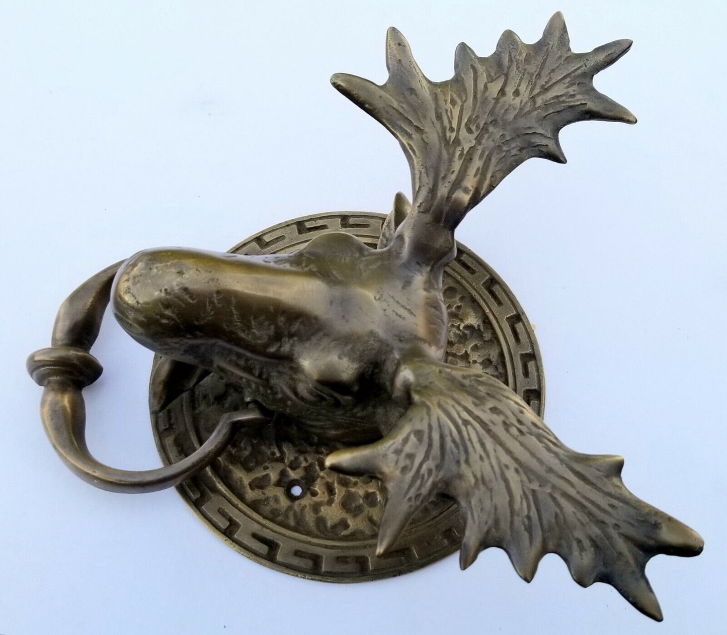 Moose Head Rustic Door Knocker Large Solid Brass, Ornate Detail 8-1/2"  #D5