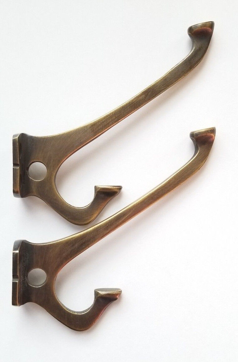 2 Antique Style Arts and Crafts Mission Coat Hat double hooks 4" solid brass #C7