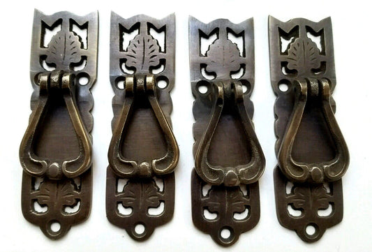 4 Ornate Leaf Vict. Style Brass pendant Handle drawer pulls 3-3/8" #H21