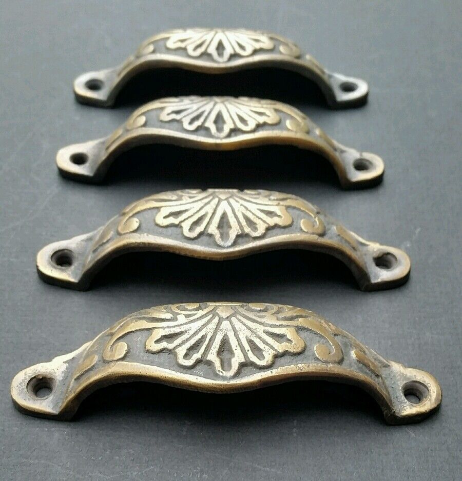 4 Apothecary Drawer Cup Bin Pull Handles 3-1/2"c. Antique Vict. Style Brass #A1