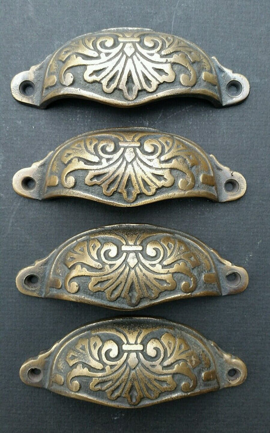 4 Apothecary Drawer Cup Bin Pull Handles 3-1/2"c. Antique Vict. Style Brass #A1
