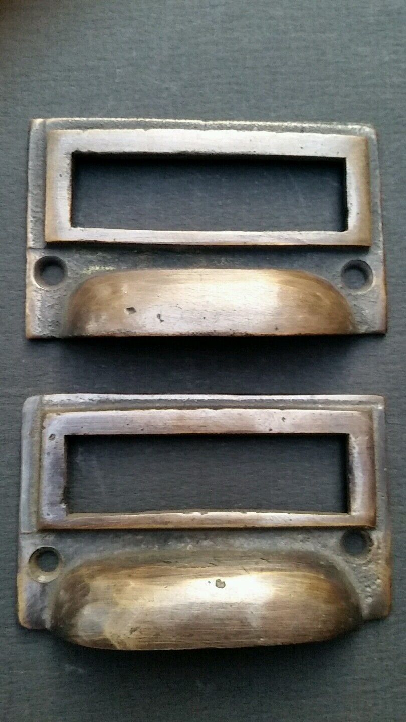 2 tarnished brass File Apothecary drawer pull Handles 2-3/4"w. Label holders #F1