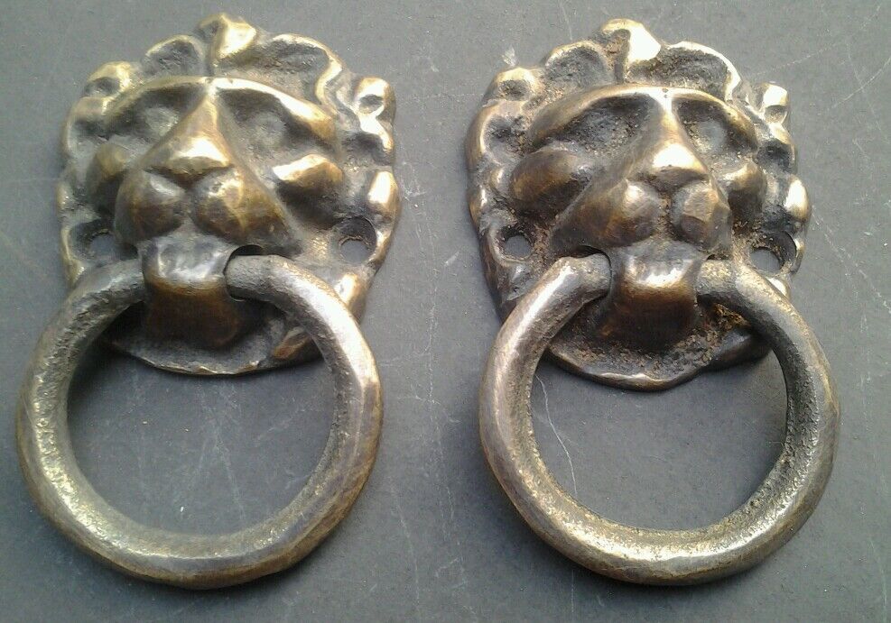 2 x Antique Style Brass Lion Head Ring Pulls  1 1/2"wide x 2 5/8"tall #H13