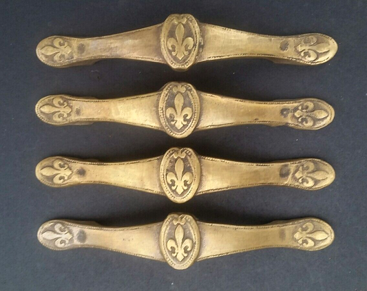 4x Ant. Vtg. Style French Fleur de Lis solid brass handles, pulls, 5 5/8" w #P3