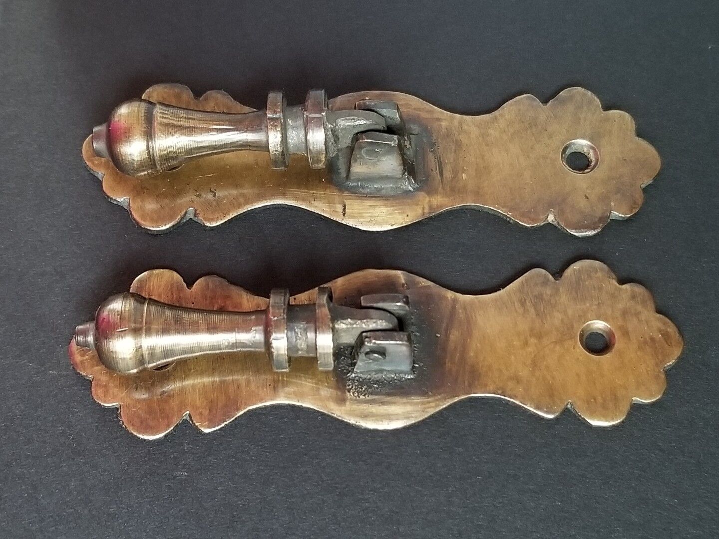 2  Ornate teardrop pendant Brass Handles drawer pulls scalloped back 3 3/4" #H41