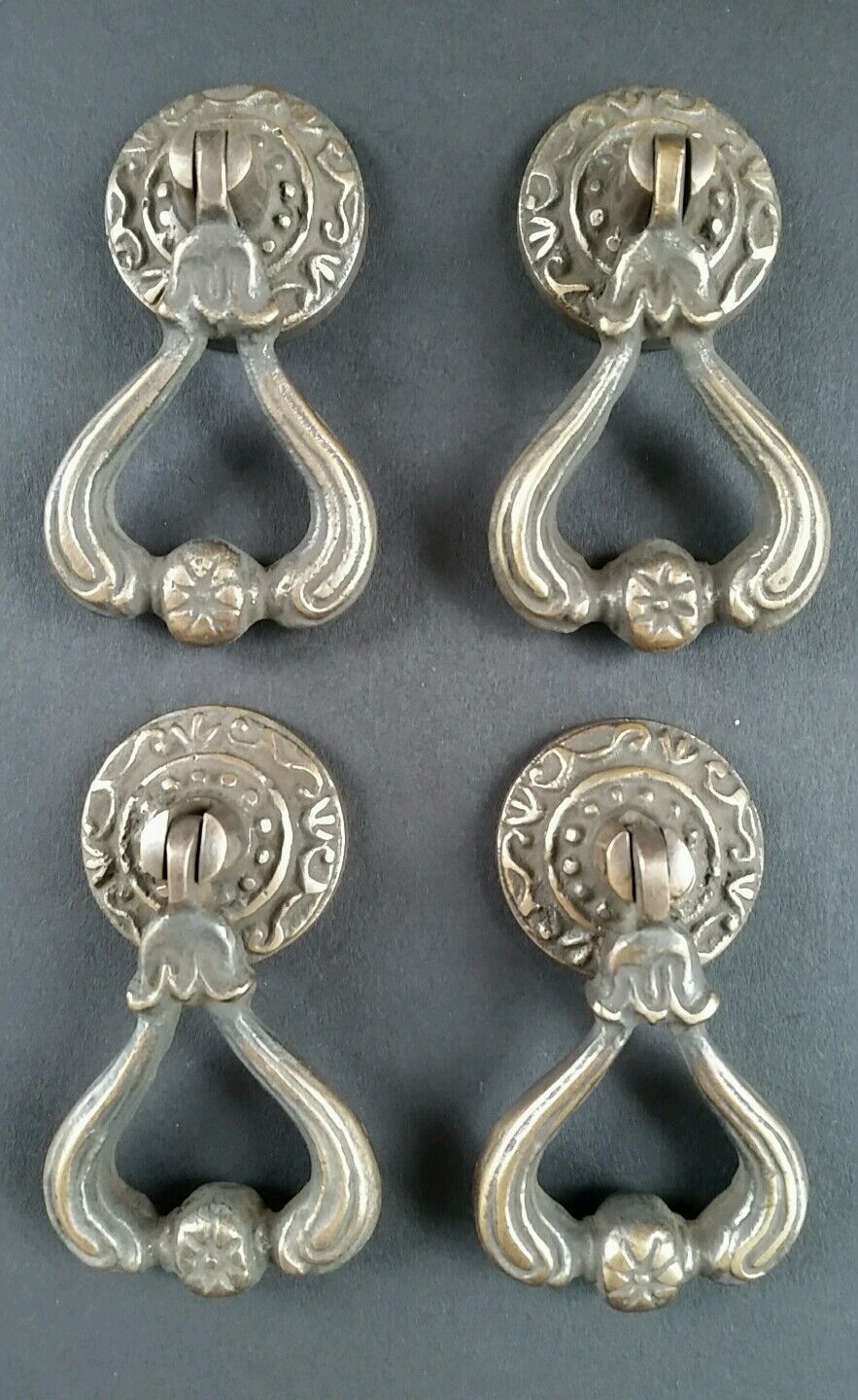 4 Ornate Brass Antique Style Handles Pulls Knob w Detailed Drop Ring 2 1/4" #H11