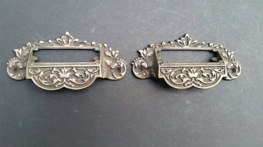 4 Victorian Antique Style Apothecary Bin Pull Handles w.label holder 3-3/4"c #A7