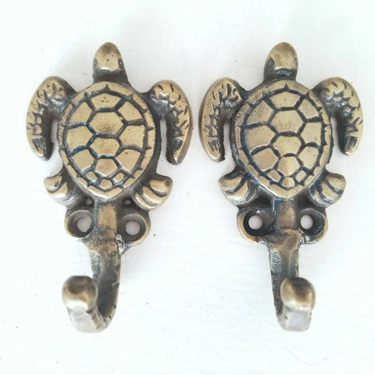 2 Sm.Sea Turtle Coat Hat Towel Hooks Solid Brass Antique Vtg style 2-1/2"l. #C19