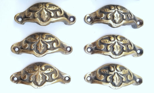6  Ant style Brass 2-3/8"ctr Oak Leaf Apothecary Cabinet Drawer Handle Pulls #A3
