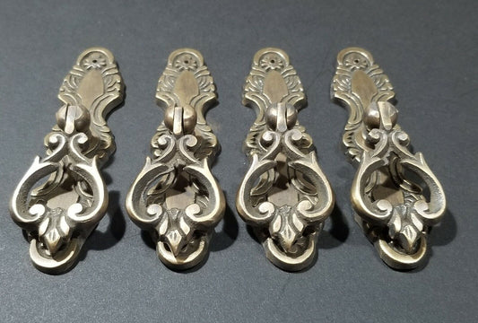 4 x tear drop brass handle pulls w. screws 3 3/4" floral backplate vert/horz #H9