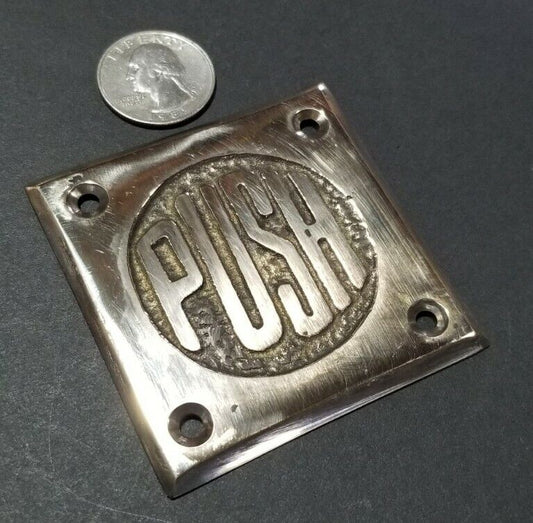 Art Deco Door PUSH sign plaque Rare Antique POLISHED solid brass 2-1/2" #F14