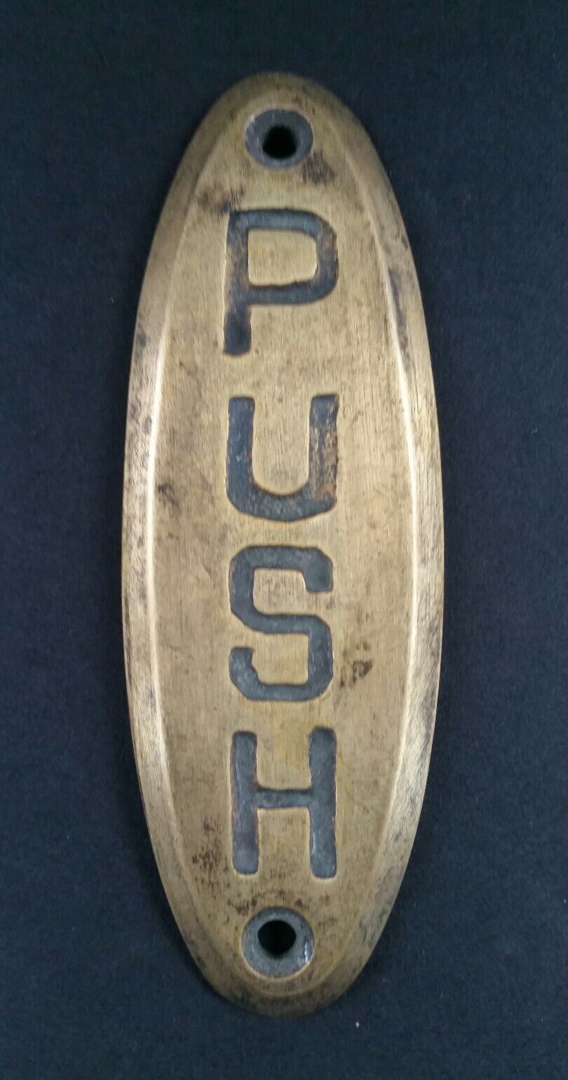 PUSH Door or Bell sign Antique Original Reclaim Art Deco Solid Brass 4" #F6
