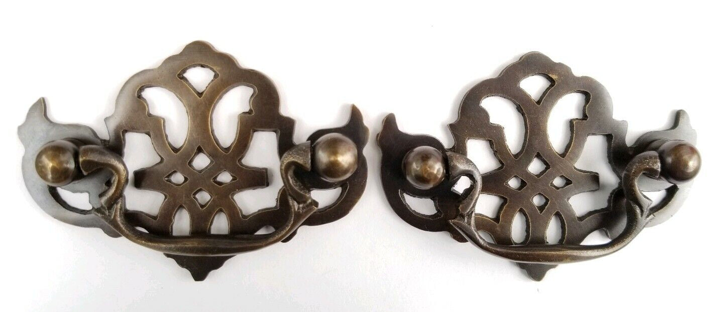 2 Solid Brass American Chippendale BAT WING Drawer Pulls handles Vtg Style #Z3