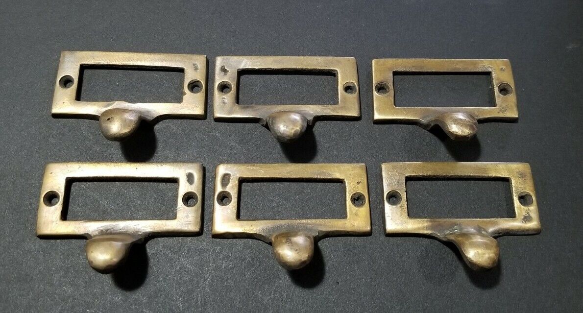 6 Brass Card File Holders With Handles Antique Style 2-1/8" wide x 1" tall  #F2