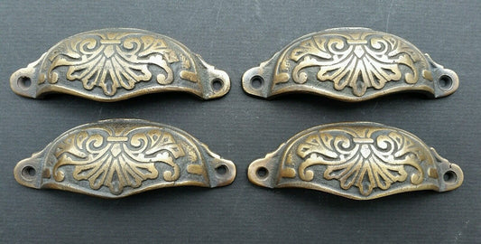 4 Apothecary Drawer Cup Bin Pull Handles 3-1/2"c. Antique Vict. Style Brass #A1
