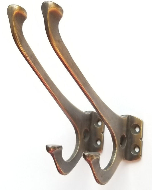 2 Antique Style Arts and Crafts Mission Coat Hat double hooks 4" solid brass #C7