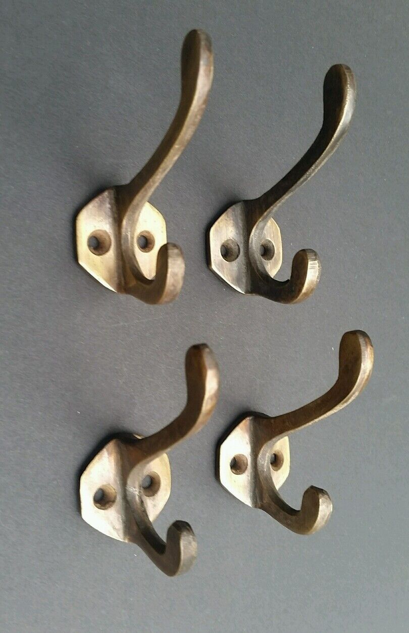 4 Double Coat Hat Hall Towel Clothes Hooks Solid Brass Ant. Style 2 1/4" #C3