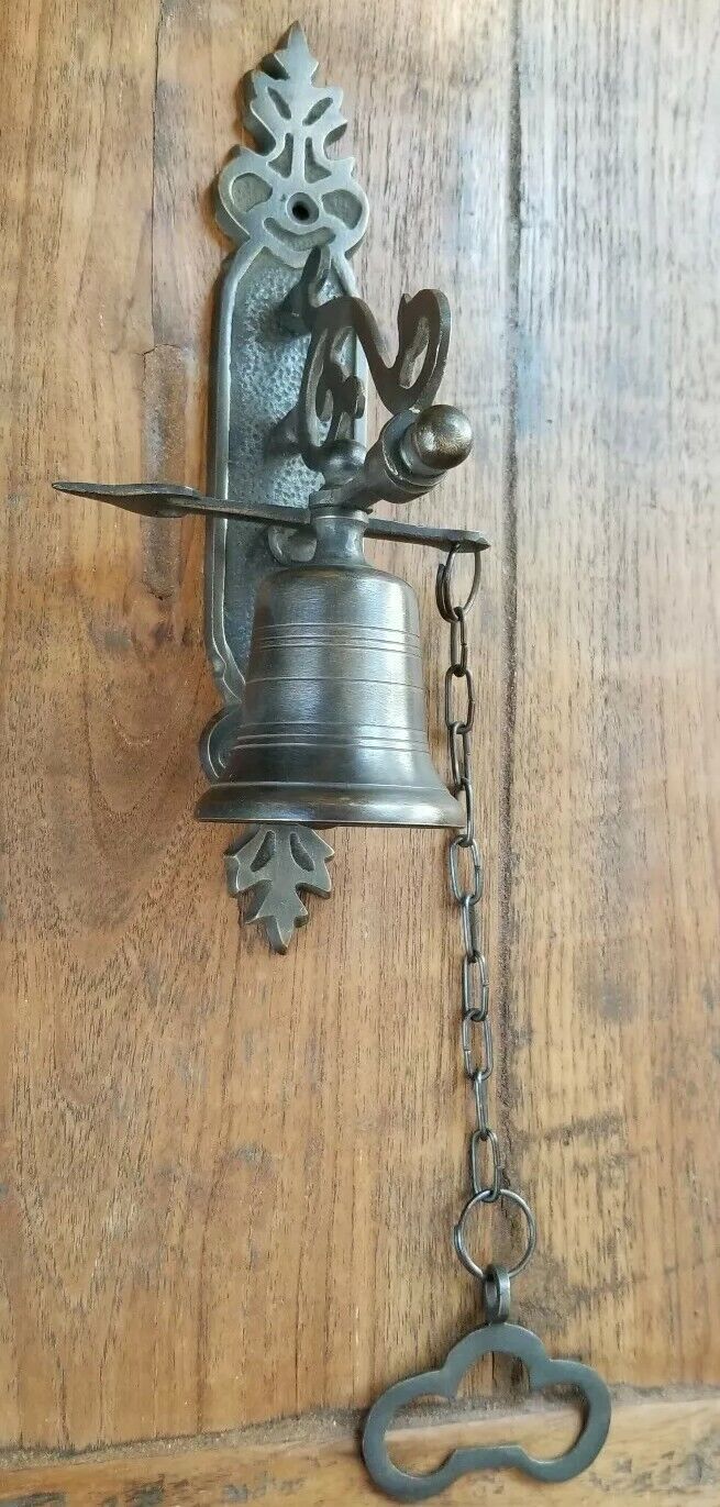 Antiqued Brass Pull Door Bell w. Chain Vintage Style 8" Gate, Service Bell #Z79