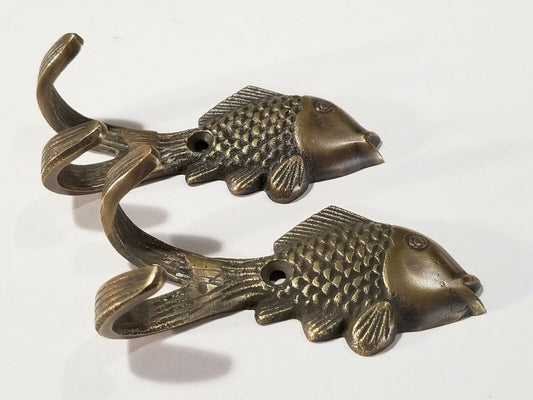 2 Vintage Style FISH HOOKS Solid Brass Coat Hat Towel Hanger 3" #C23