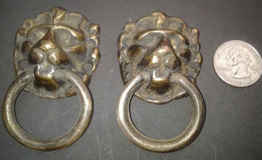2 Ant. Style Brass Lion Head Ring Pulls Handles Door Knockers 3"tall #H12