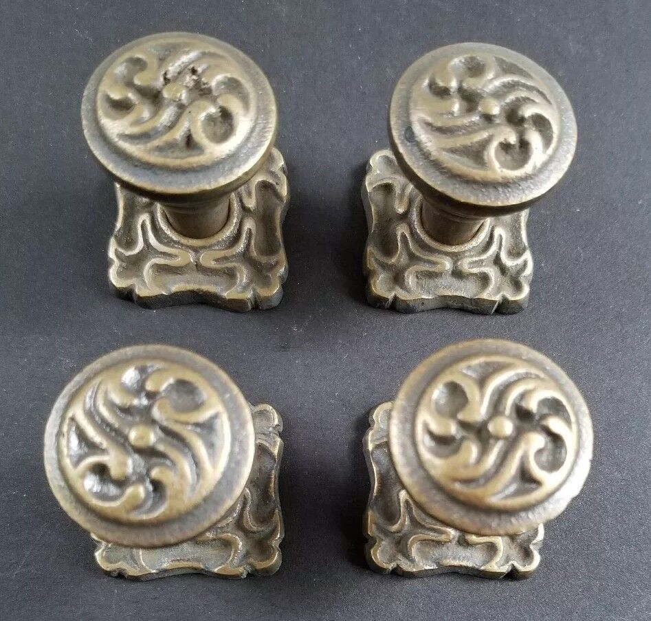4 Antique Style Art Nouveau Ornate Brass Knobs, Pulls  w. 1" back plate #K5