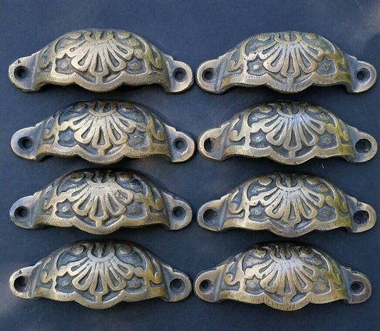 8 Apothecary Drawer Cup Bin Pull Handles Brass Ant. Victorian Style 3"cntr. #A2