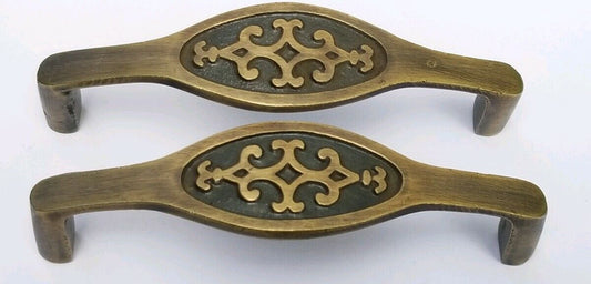 2 Vtg Retro style Brass Cabinet Cupboard Kitchen Handles Pulls 3-1/2"ctr. #P22