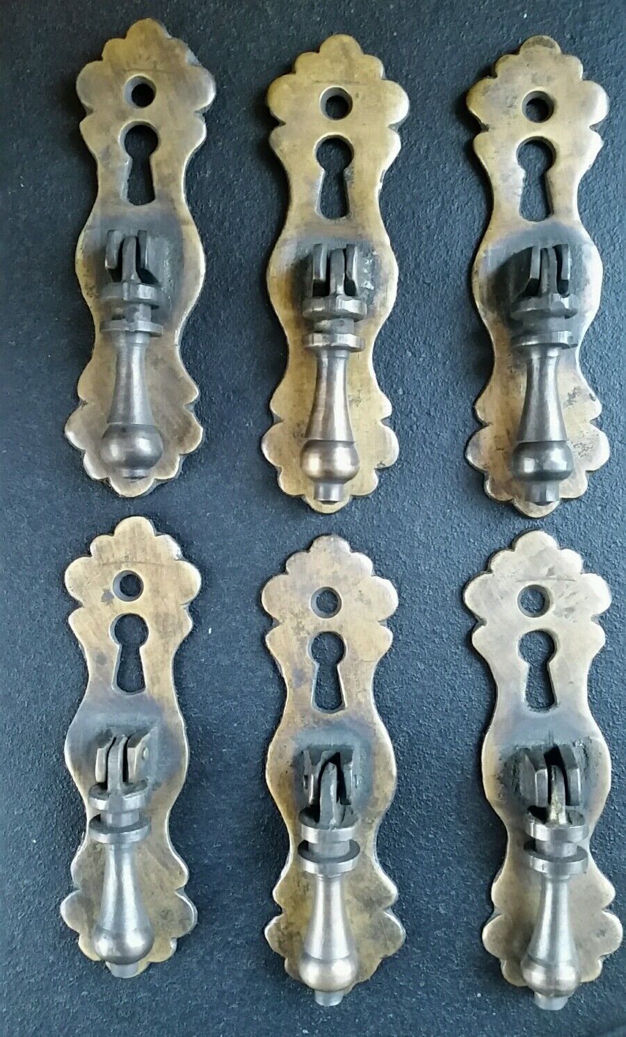 6  Ornate teardrop pendant Brass Handles drawer pulls with key hole 3-3/4"l. #H1