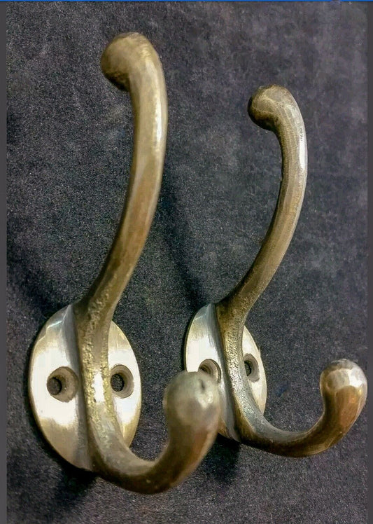 2 Solid Antique Brass Double Coat Hooks w. Oval Backplate 3" x 2" #C9
