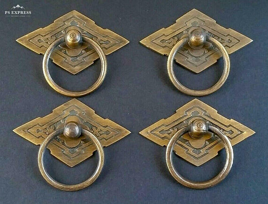 4 x Eastlake Antique Style Brass Ornate Ring Pulls Handles 2-3/8" wide #H15