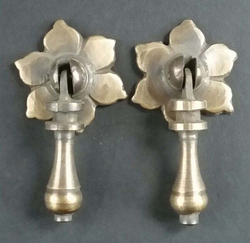 2 ornate tear drop pendant brass handle pulls, floral backplate 2 1/2" long #H4