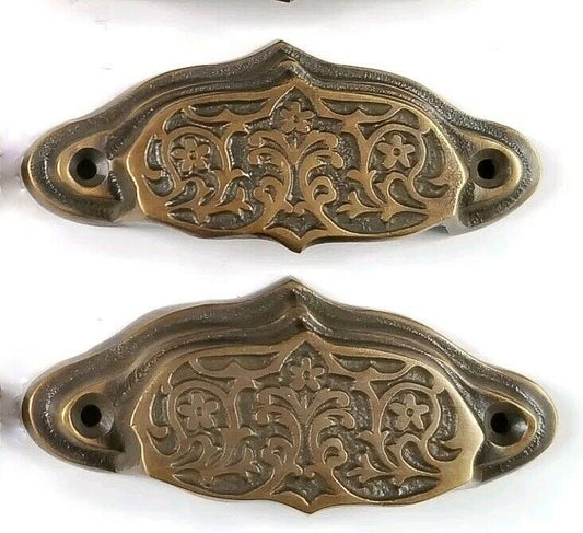 2 brass Ornate Apothecary cabinet drawer bin cup pull Handles 3 9/16" #A4