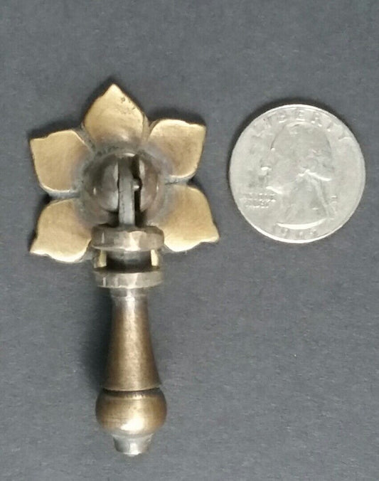 4 Antique Tear Drop Pendant Brass Handle Pulls w.4 Bolts Floral Back  2 1/2" #H4