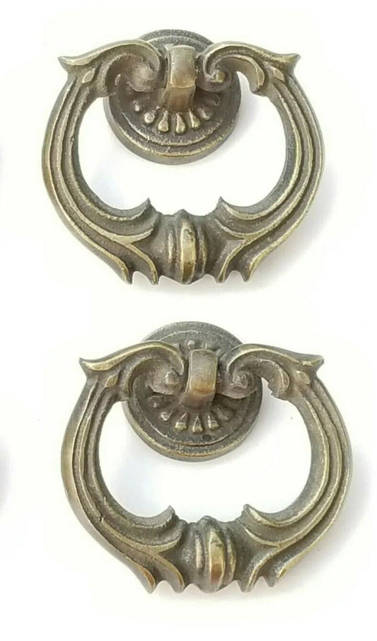 2 Ornate Handles Pulls w Detailed Drop Ring Antique Vintage Style 1-3/4" #H10