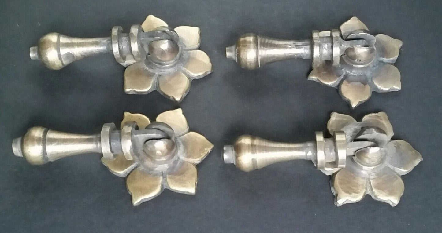 4 Antique Tear Drop Pendant Brass Handle Pulls w.4 Bolts Floral Back  2 1/2" #H4