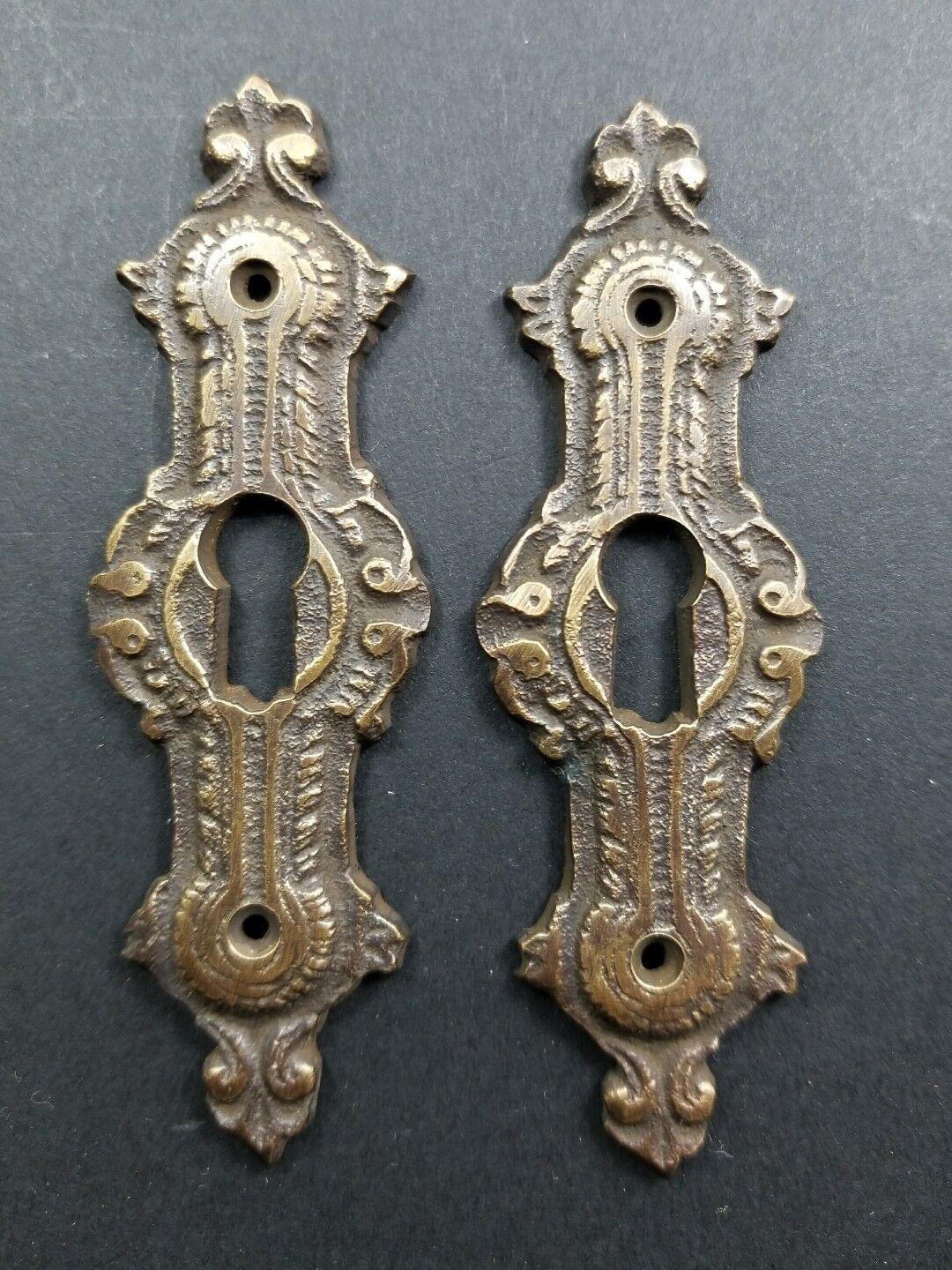 2 Antique Style Brass French Escutcheons Hardware Ornate  Keyhole 3 1/4" #E20