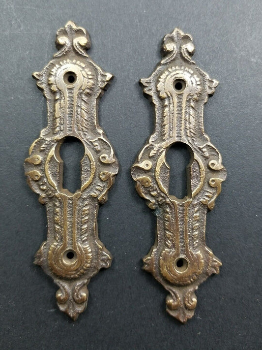 2 Antique Style Brass French Escutcheons Hardware Ornate Keyhole 3 1/4" #E20
