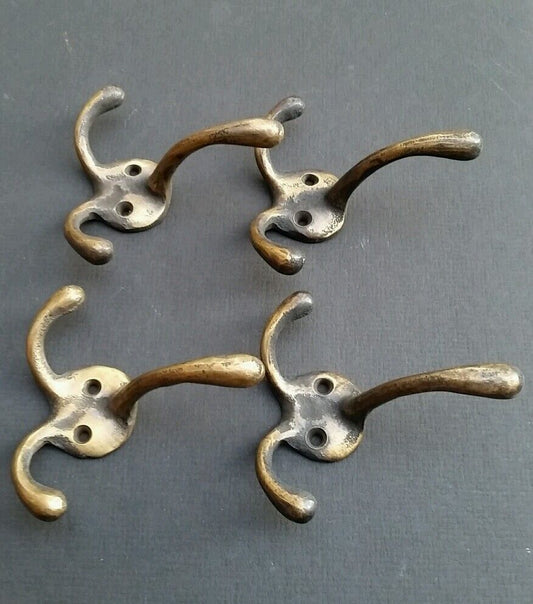 4 Strong Antique Style Solid Brass Triple Coat Hat Towel Hooks 3-1/4" x 3" #C2