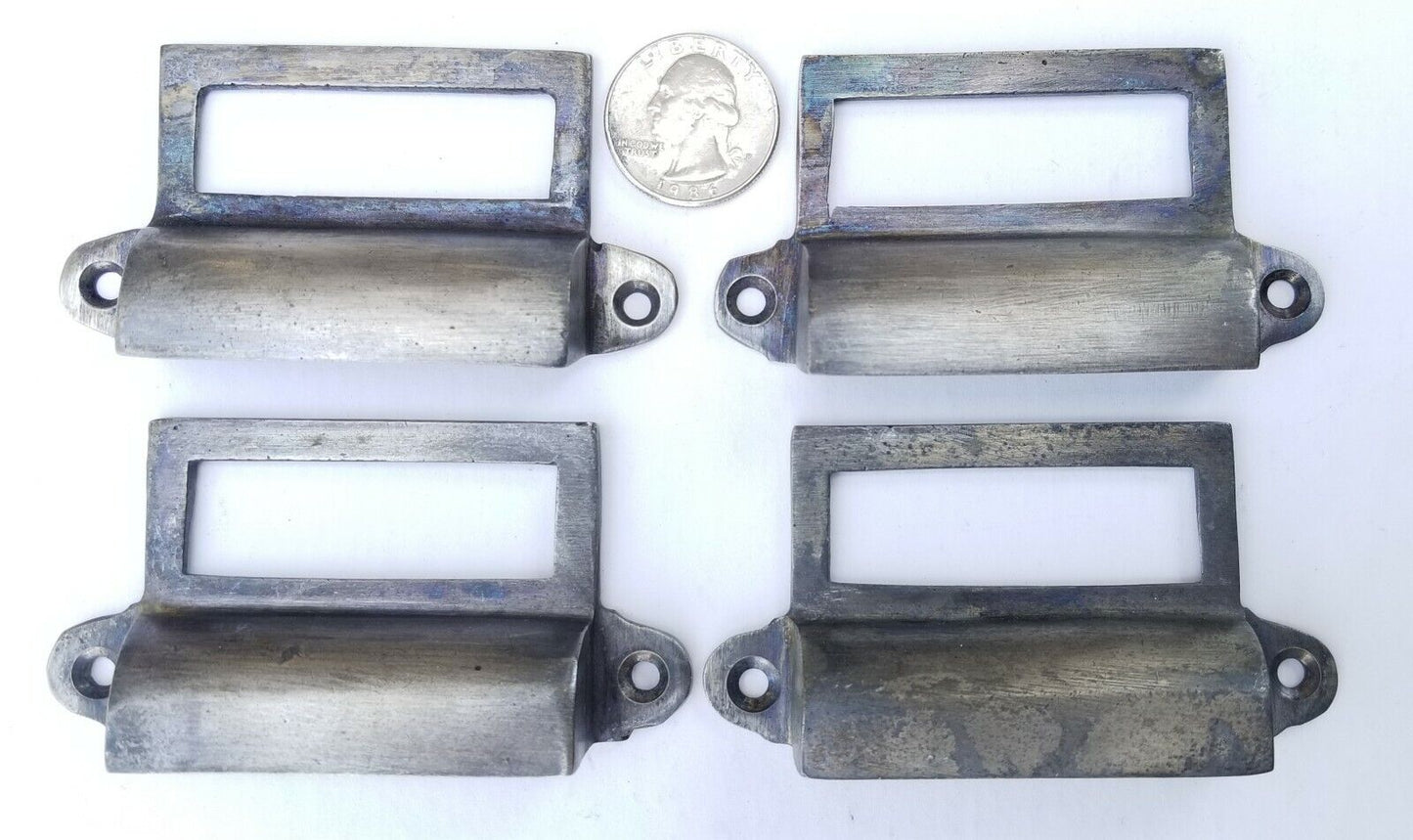 4 Antique Pewter brass Card File Cabinet Handle, File Label Holders 3-1/4"w. #Q3