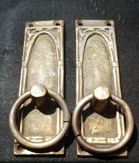 2 vintage antique brass handles ring shaped and ornate 3-3/8"tall x 1"wide #H36