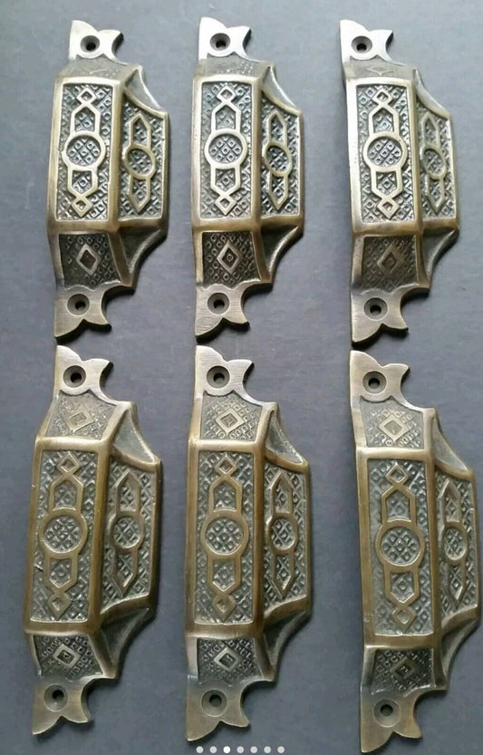 6 Ant. Vtg. Style Brass Victorian Apothecary Bin Pull Handles 3-3/4ctrs 4.5"w#A6