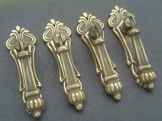 4 Antique Style Vertical Brass Ornate Pendant Drop Pull Handles 3 1/4" #H7