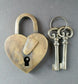 Vtg. Style♡ Love Valentines HEART LOCK, 2 SKELETON Keys Brass Antique 3-3/4" #L1