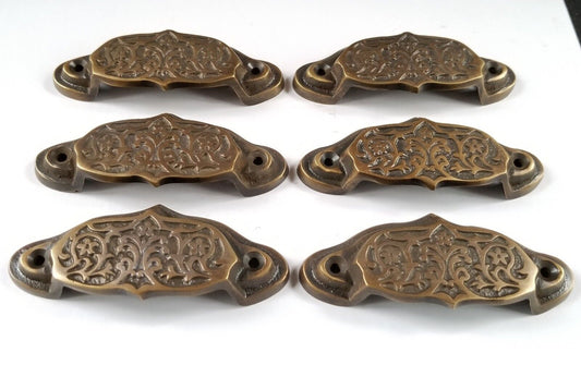 6 Ornate Apothecary cabinet drawer bin cup pull Handles Vntg. Style 3 1/2"w #A4