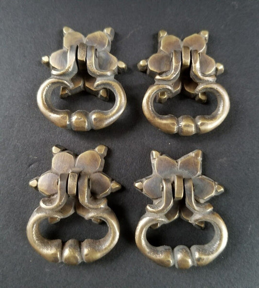 4 Brass Handle Pulls, Ornate Drop Ring, bolts and Rosette Backplate 1-1/4" #H14