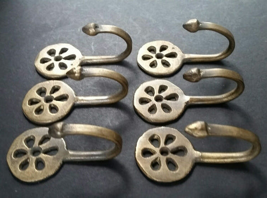 6 x Brass Antique Style Small Single Coat Hooks Floral Daisy Ornate 2-3/8"l. #C5