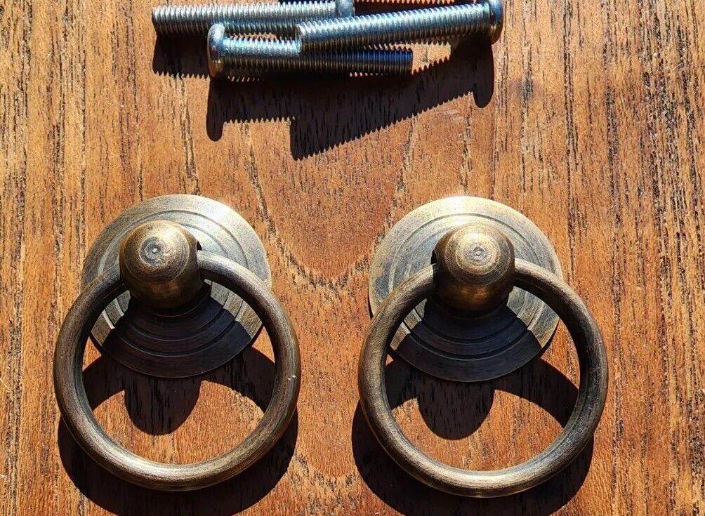 2 x  Rustic Antique Style Brass Round Ring Pull Handles 1" round backplate #H17