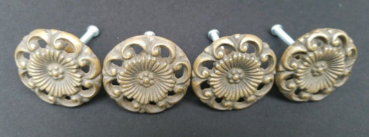 4 Antique Style  Solid Brass  ROUND KNOBS Ornate FLORAL 1-5/8" dia. #K24