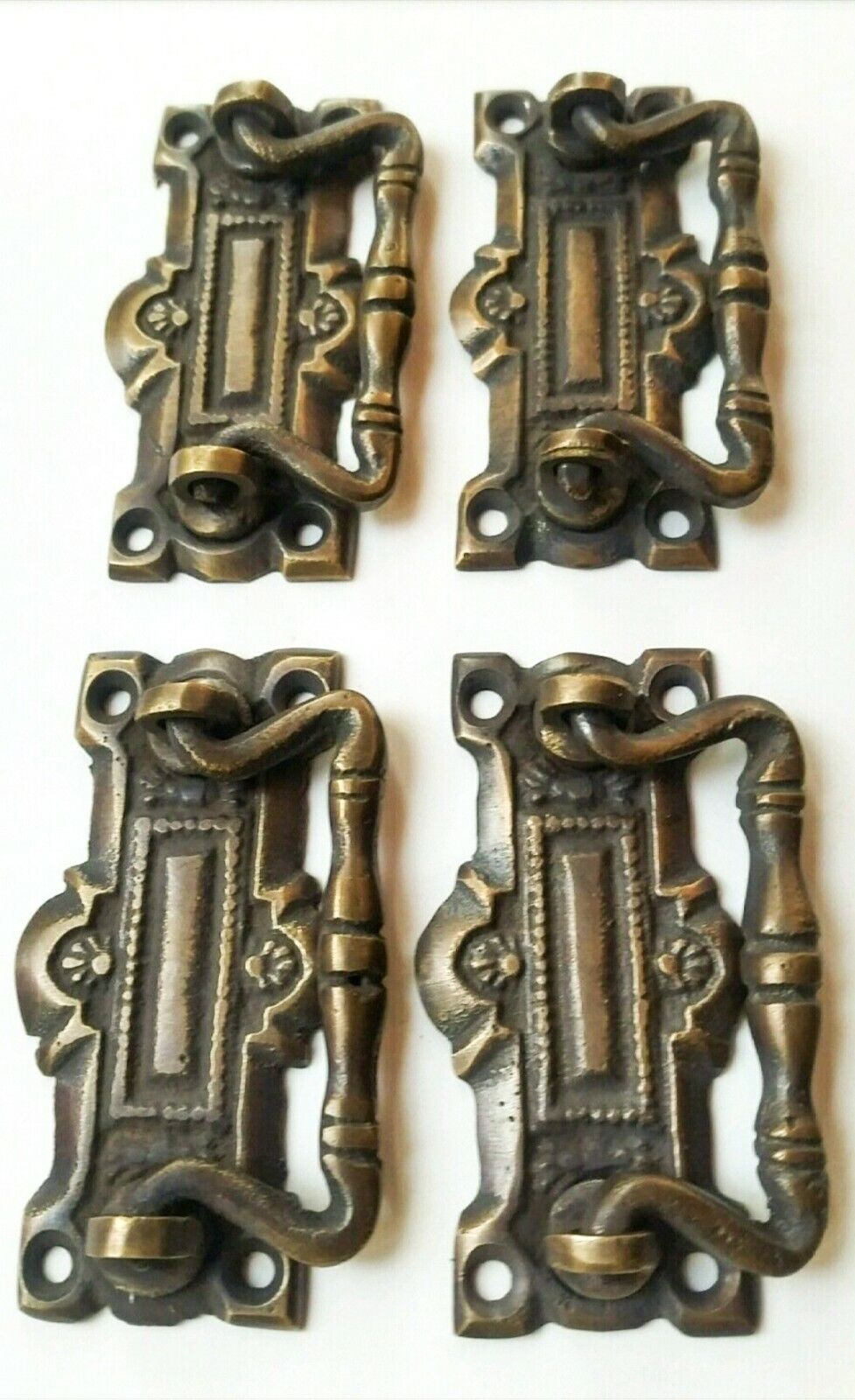 4 unique ornate Vicorian antique brass handles pulls great patina 2-5/16" #H35
